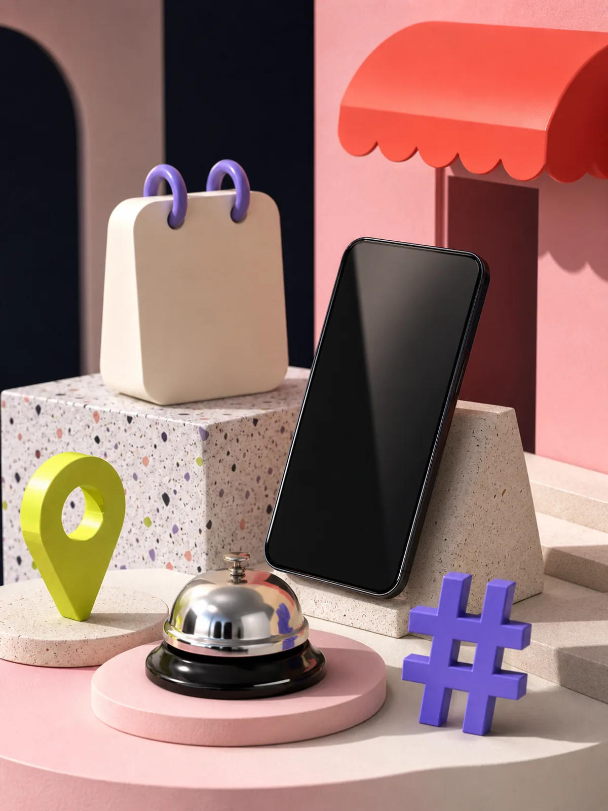 LinkCode booking destination scene with a phone, service bell and location symbol