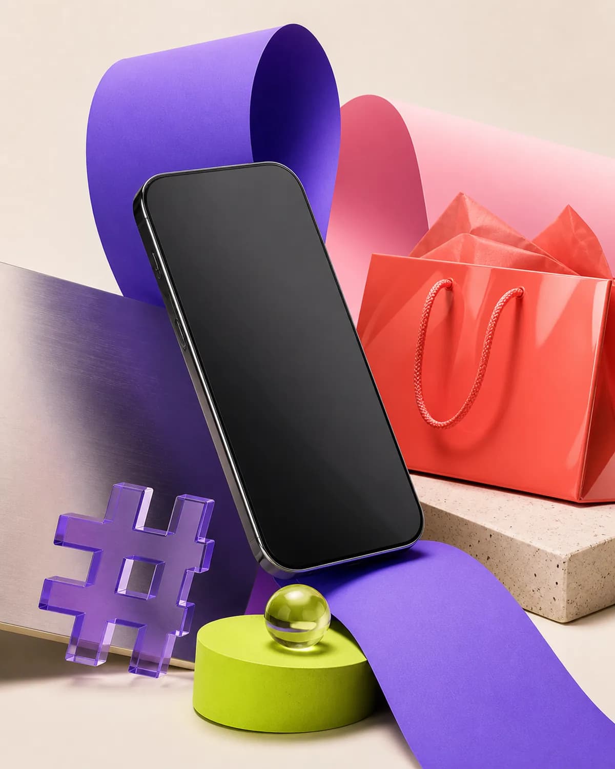 LinkCode commerce destination scene with a phone, parcel and sculptural hash symbol