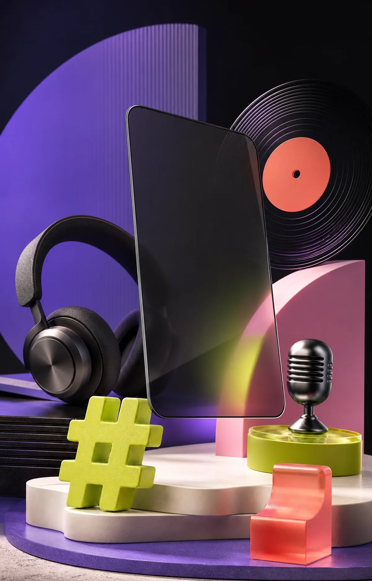LinkCode creator destination scene with headphones, microphone and media objects