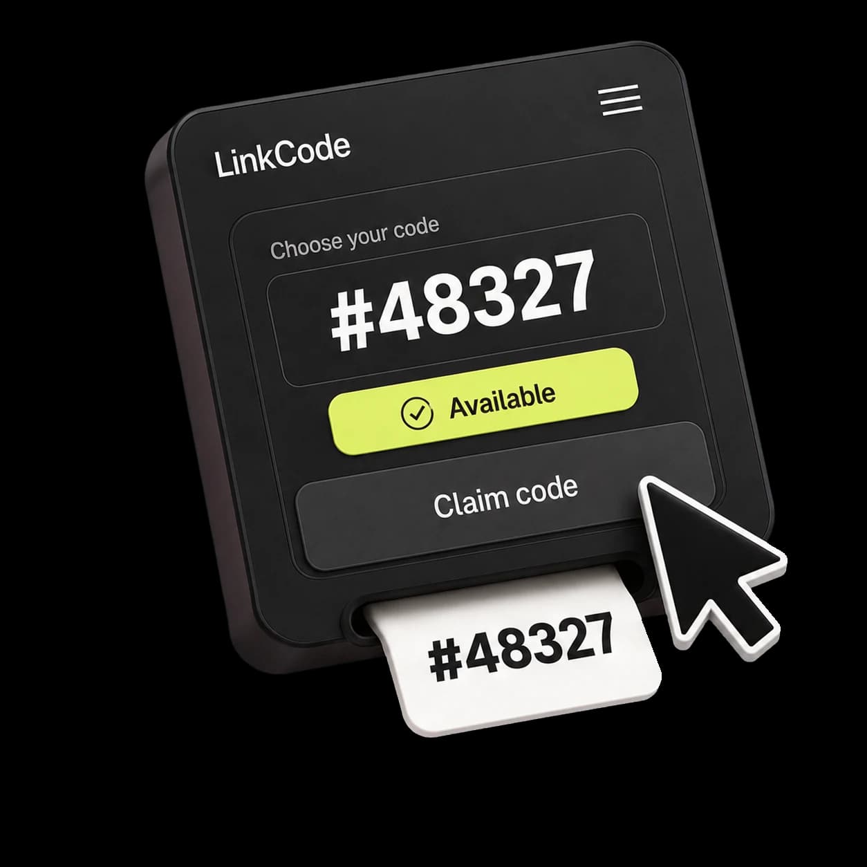 LinkCode interface showing code 48327 available to claim