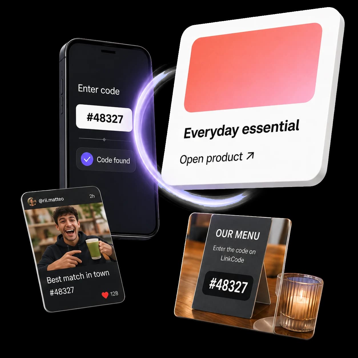 Code 48327 opening a product from a phone, social post and restaurant menu