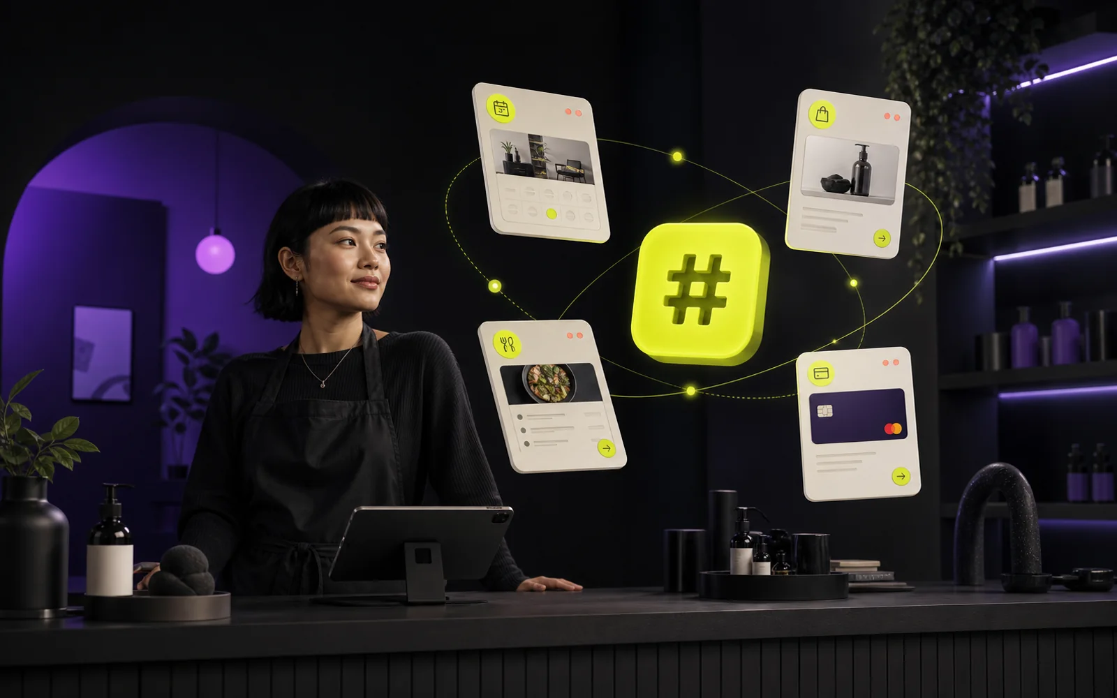 An original LinkCode business scene with branded destination cards